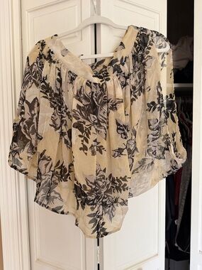 Angie Sheer Floral Off-Shoulder Blouse in Cream and Black